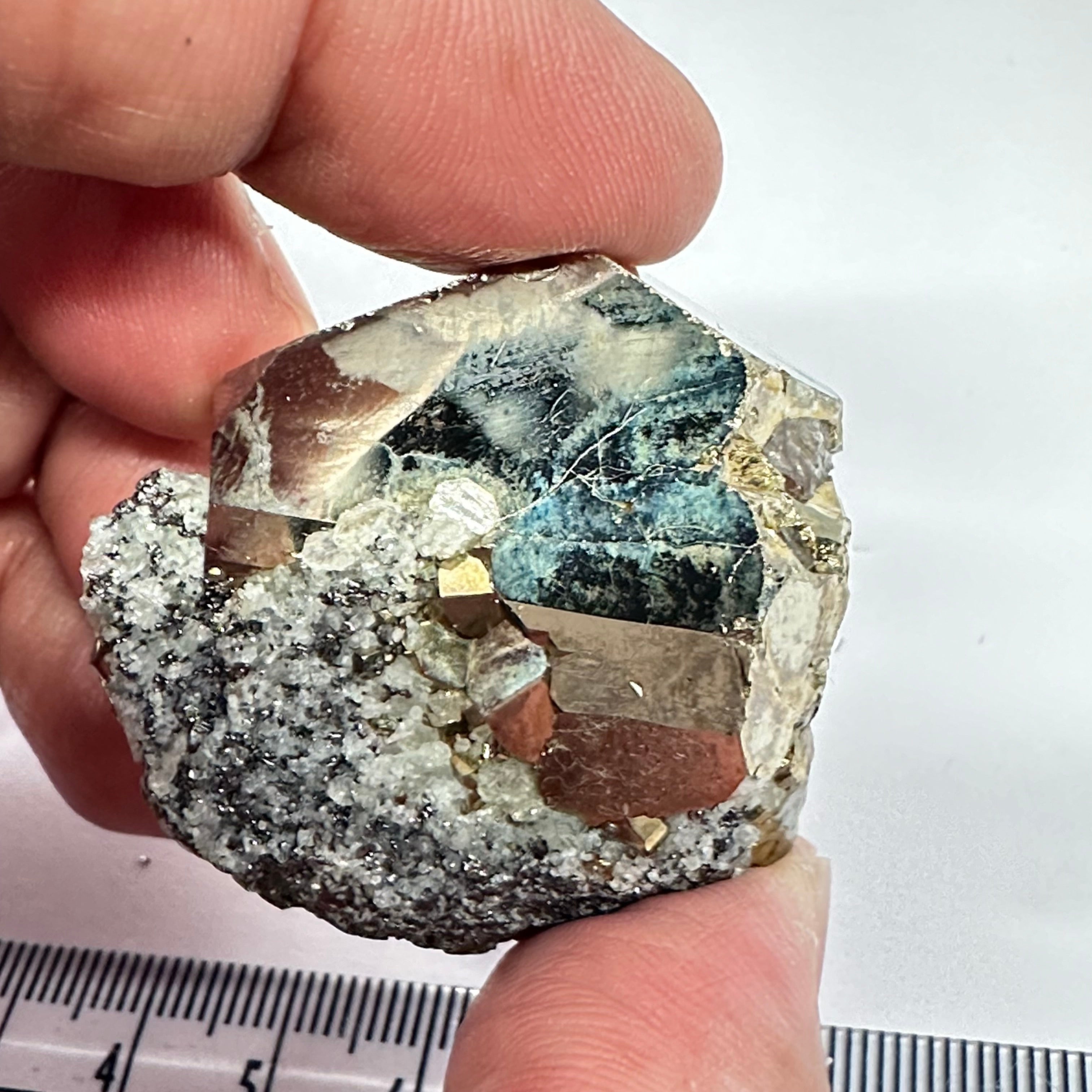 Pyrite, 90.10gm, Merelani, Tanzania, Untreated Unheated, same mines as Tanzanite, natural mirror crystal faces, this one has tanzanite and some Prehinite, I have circled the tz