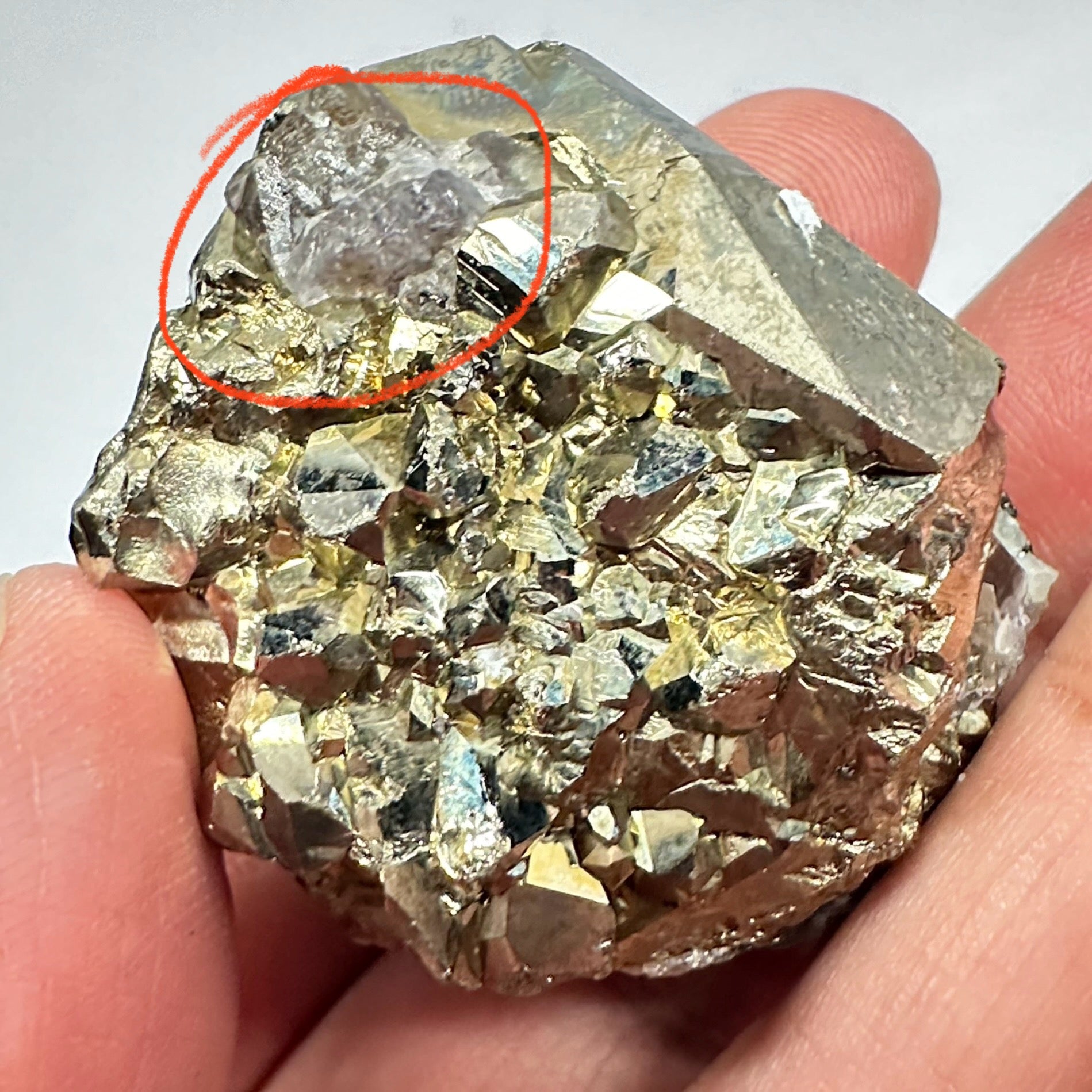 Pyrite, 90.10gm, Merelani, Tanzania, Untreated Unheated, same mines as Tanzanite, natural mirror crystal faces, this one has tanzanite and some Prehinite, I have circled the tz