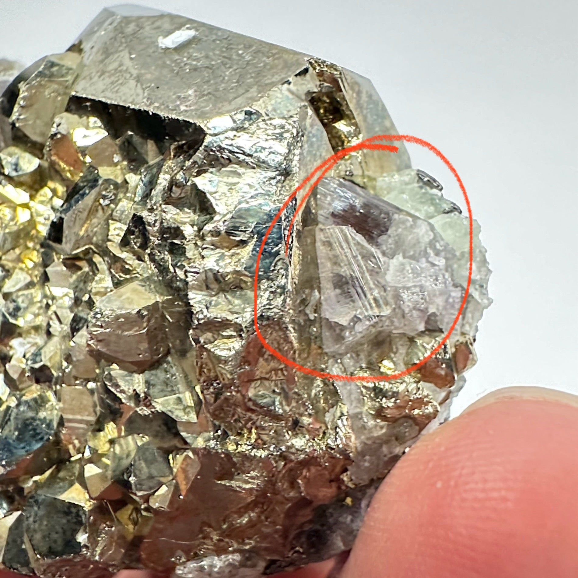 Pyrite, 90.10gm, Merelani, Tanzania, Untreated Unheated, same mines as Tanzanite, natural mirror crystal faces, this one has tanzanite and some Prehinite, I have circled the tz