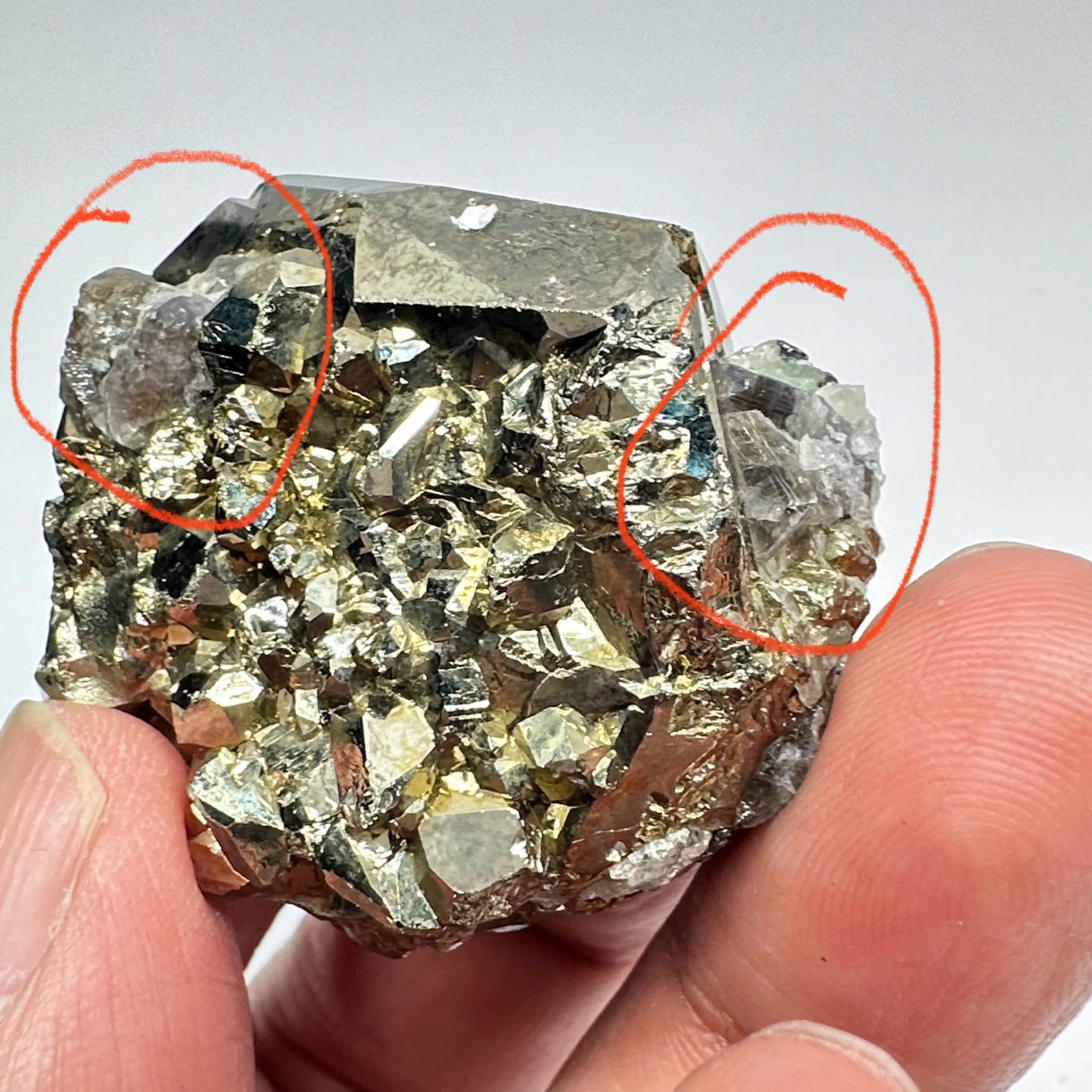 Pyrite, 90.10gm, Merelani, Tanzania, Untreated Unheated, same mines as Tanzanite, natural mirror crystal faces, this one has tanzanite and some Prehinite, I have circled the tz