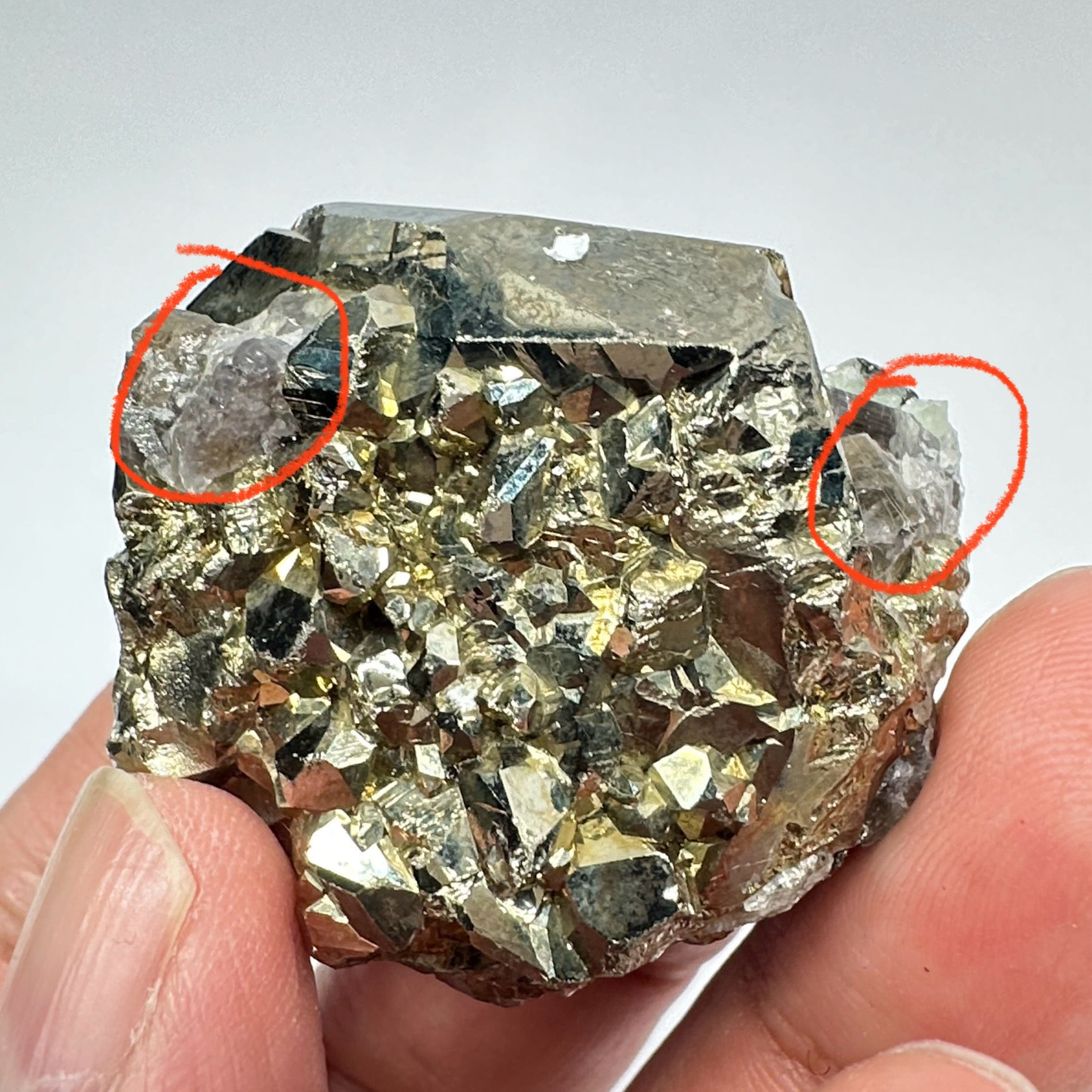 Pyrite, 90.10gm, Merelani, Tanzania, Untreated Unheated, same mines as Tanzanite, natural mirror crystal faces, this one has tanzanite and some Prehinite, I have circled the tz