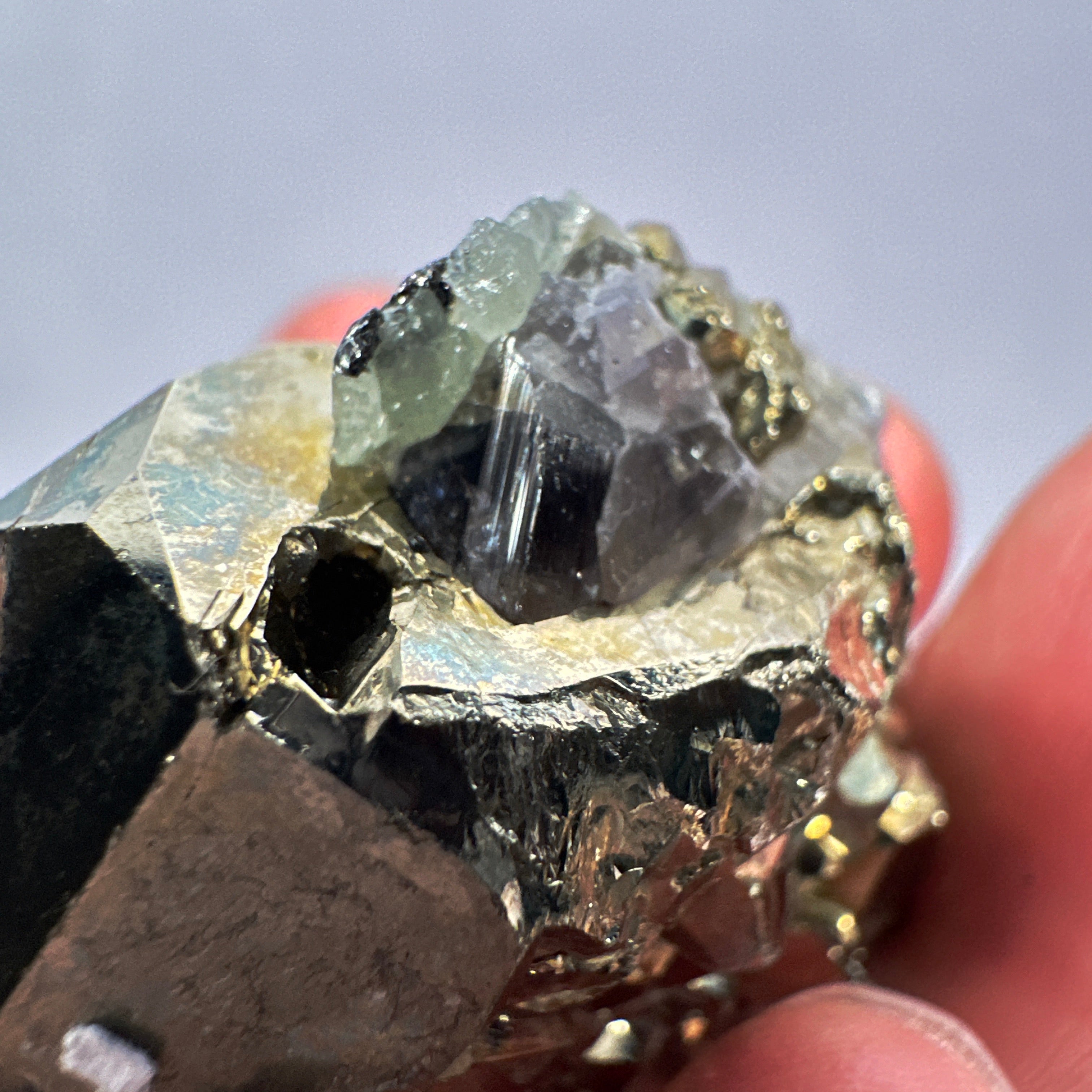 Pyrite, 90.10gm, Merelani, Tanzania, Untreated Unheated, same mines as Tanzanite, natural mirror crystal faces, this one has tanzanite and some Prehinite, I have circled the tz